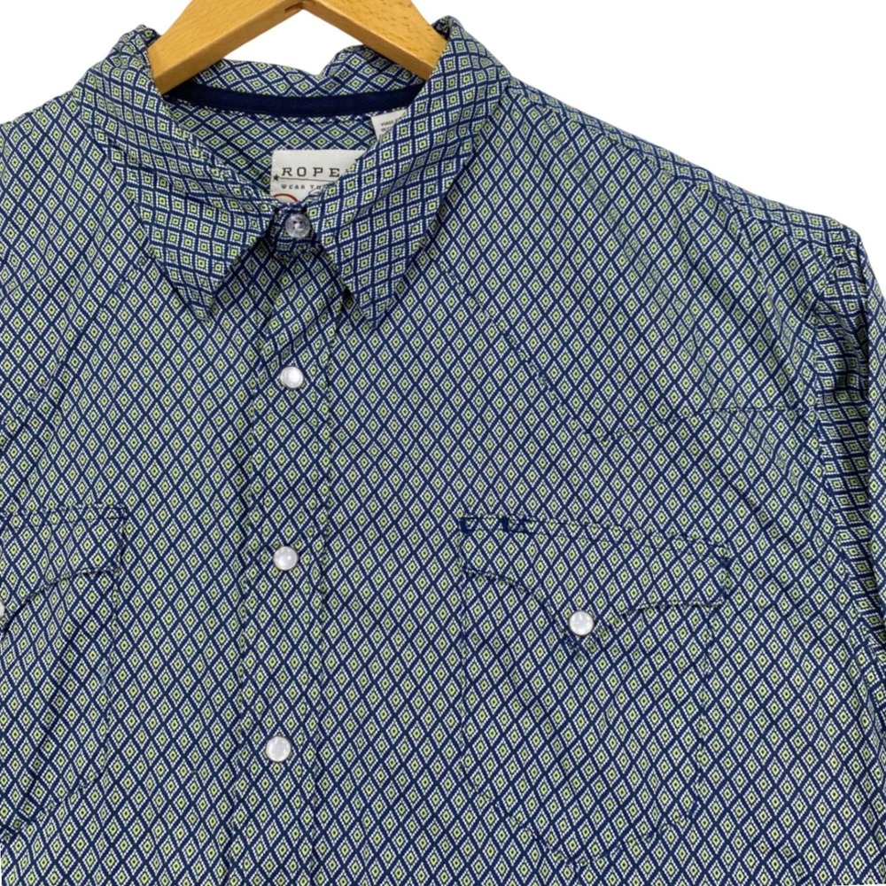 Roper Western Button Down Mens 2XL Blue Lime Geometric Pearl Snap Short‎ Sleeve